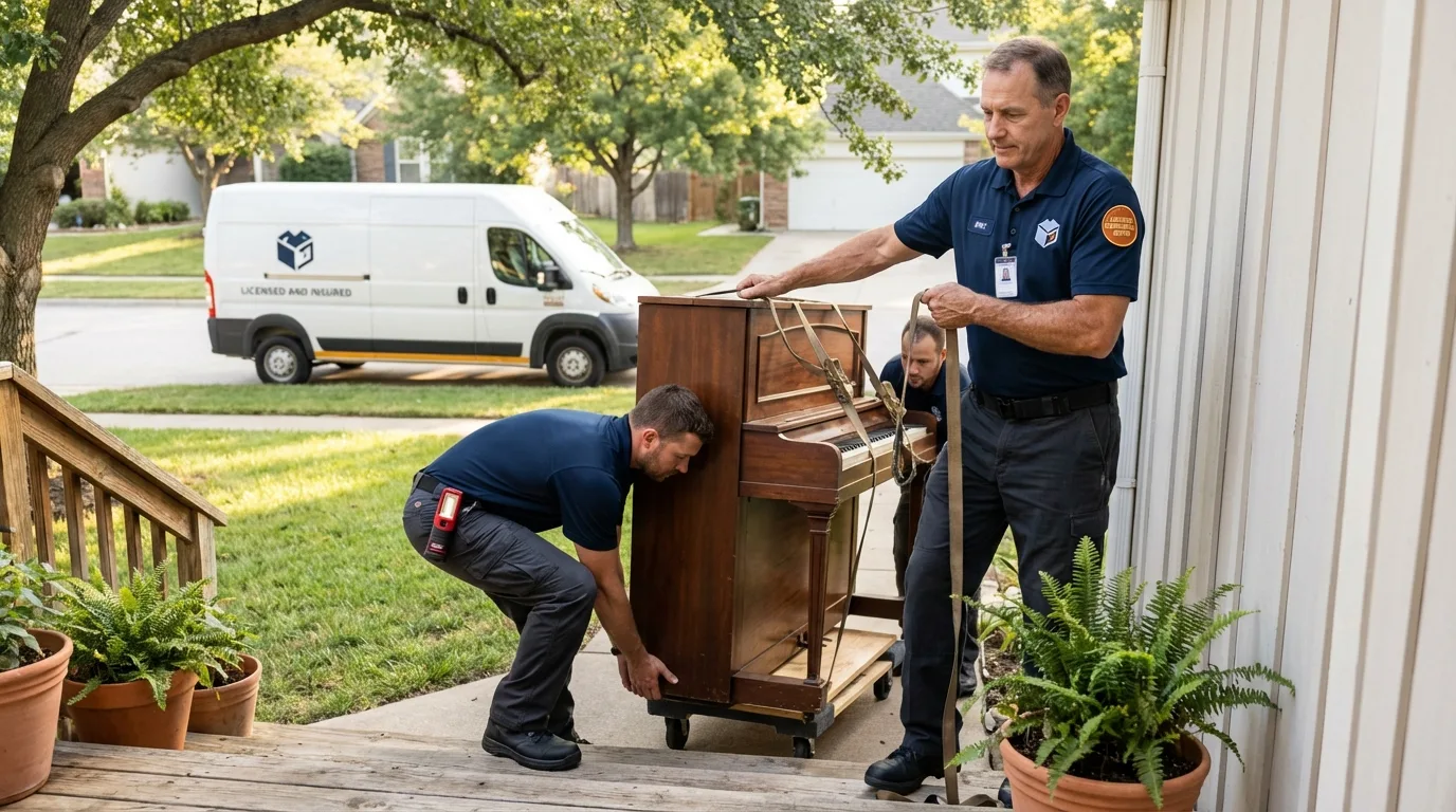 Licensed piano movers securing grand piano in Oronoco, MN
