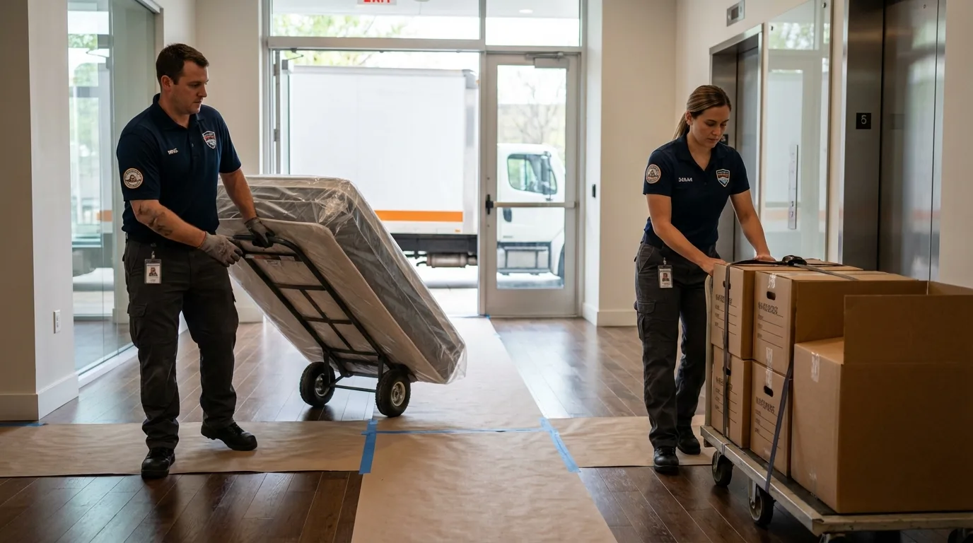 Professional apartment movers loading elevator in Oronoco, MN